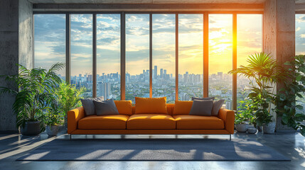 Sticker - Modern living room with a stunning city view.