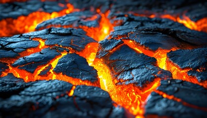 Intense Glowing Lava Cracks on Charred Earth: A Macro Photography Perspective in High Contrast Lighting