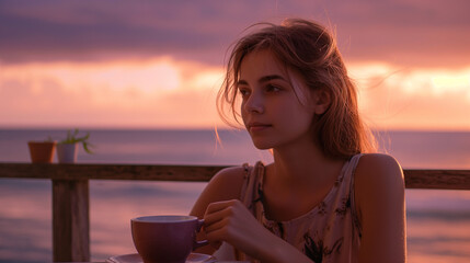 A young woman holding coffee, sitting at a cozy café by the sea at sunset. The sky is a mix of purple and orange tones, with gentle waves in the background. She wears a light summer dress