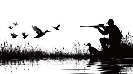 Man with gun near ducks in water