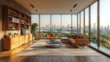 Wall Mural - Modern living room with a stunning city view.