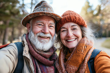 Poster - Smiling Senior Couple Taking Selfie Outdoors in Vibrant Sunlight, Embracing Healthy Active Lifestyle