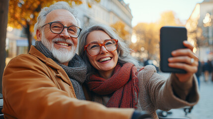 Poster - A man and woman are smiling and taking a picture of themselves with a cell phone