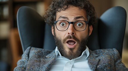 Poster - A man with glasses and a beard is sitting in a chair with his mouth open. He looks surprised and is wearing a suit