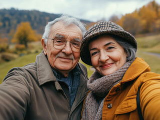 Poster - Happy Senior Couple Capturing Joyful Moment with Selfie in Scenic Backdrop - Close-Up Soft Tones Realism