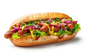 Canvas Print - A juicy hot dog served with ketchup, mustard, and onions