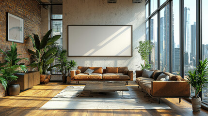 Canvas Print - Modern living room with large windows overlooking city skyline.