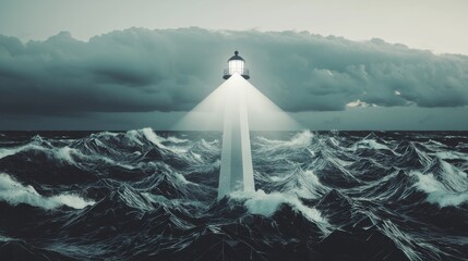 A stormy sea with a lighthouse beaming bright light, leadership and guidance during a crisis, with waves made of chaotic geometric forms