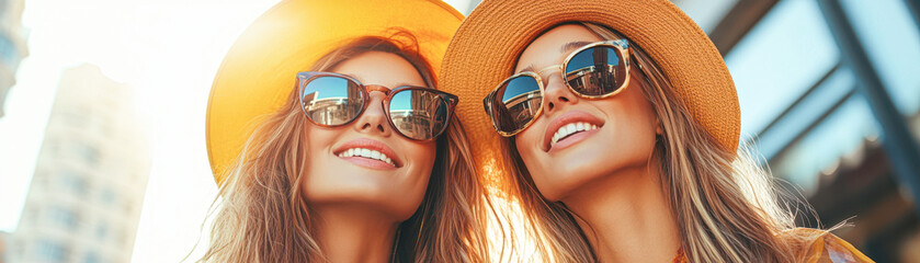 Two women wearing sunglasses and hats are smiling for the camera