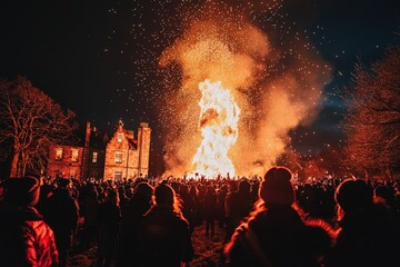 Wall Mural - Scottish Hogmanay Celebration with Traditional Music, Dance, and Massive Bonfire at Night