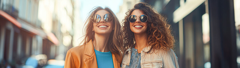 Poster - Two women wearing sunglasses and smiling on a city street