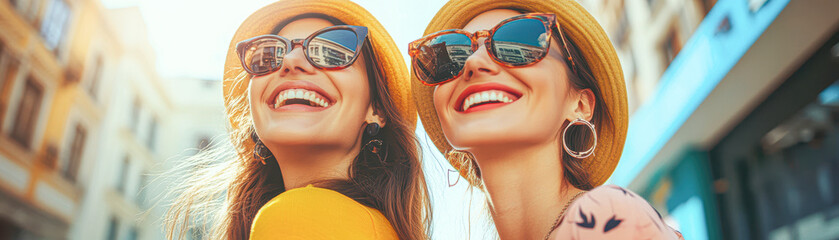 Sticker - Two women wearing sunglasses and hats are smiling and posing for a photo