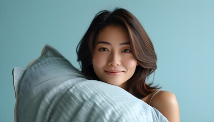 Serene moment of a woman embracing a pillow against a soft blue backdrop, illuminated by gentle lighting, radiating peace and contentment