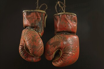 Wall Mural - A pair of red boxing gloves suspended from a rope, ready for action