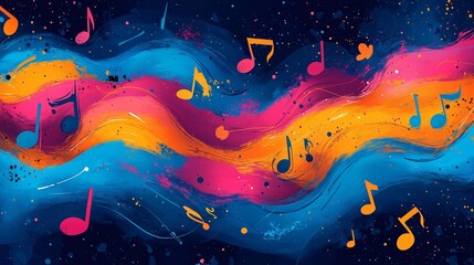 Wall Mural - A colorful painting of musical notes in a wave. The painting is full of bright colors and has a lively, energetic feel to it. The notes are arranged in a way that creates a sense of movement