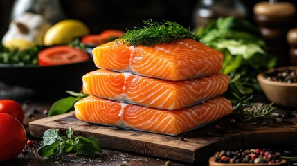 Fresh salmon fillets stacked neatly on a cutting board, with a background of fresh vegetables, herbs, and spices, ready for a healthy, home-cooked meal