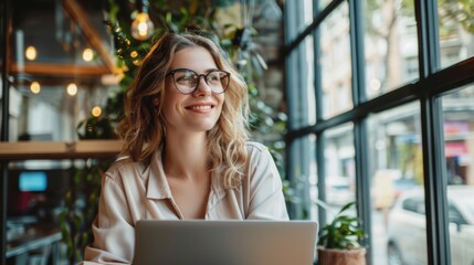 Wall Mural - Woman sitting at a table with a laptop