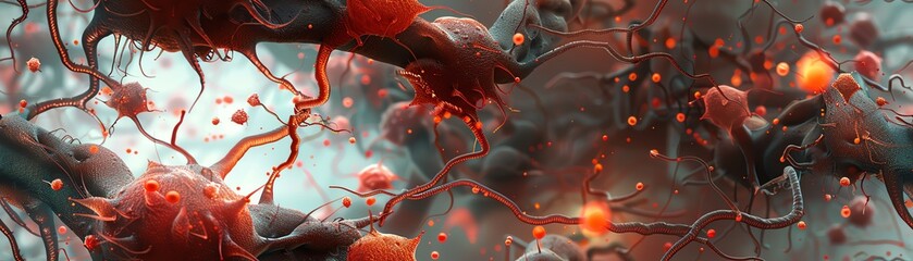 3D microscope view of root cells, erythrocytes flowing through nearby arteries, detailed genetic material, glowing organic textures, hyper-realistic microbiology illustration