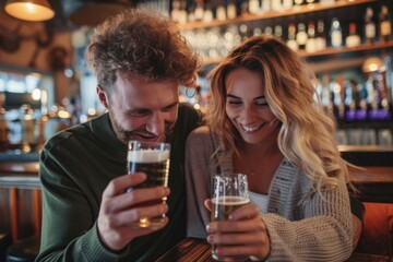 Wall Mural - A man and a woman gazing at their smartphone, possibly checking messages or browsing