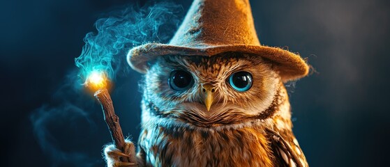 Owl in a wizard robe and pointed hat, holding a glowing staff, wizard owl, wise magical creature