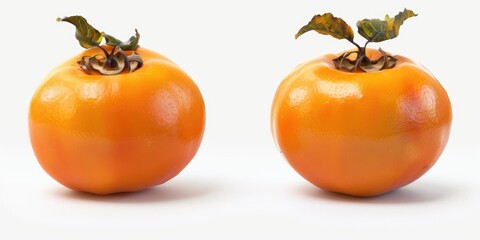 Two fresh oranges with green leaves on top