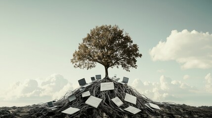 A tree with its roots intertwined with wires, computers, and papers, while its branches extend upwards into a clear sky filled with calm clouds and sunlight, representing balance between work