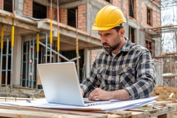 Wall Mural - A construction worker sits on the ground wearing a hard hat, typing away on his laptop