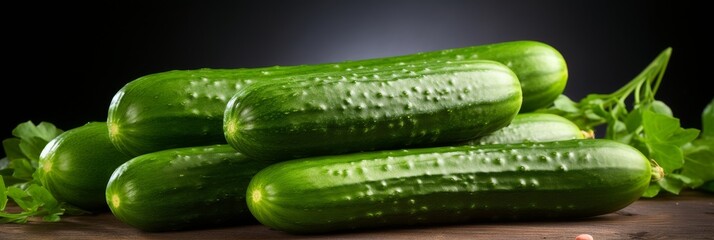 Wall Mural - Freshly harvested cucumbers arranged on a wooden table with green leaves in a dimmed light setting