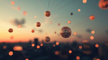 Wall Mural - a web of interconnected glowing lines connecting multiple spheres, each sphere representing differen