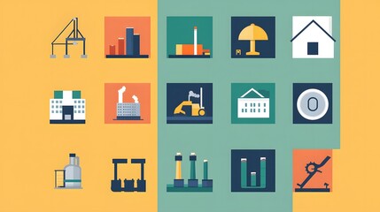 Flat Design Icons of Construction, Industry, and City Life