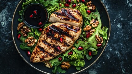 Grilled chicken breast on a bed of fresh salad with walnuts and pomegranate, with a drizzle of balsamic sauce, served on a dark background. A top view for food lovers