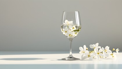 Elegant wine glass featuring delicate white flowers, set against a minimalistic white background with gentle natural light highlights