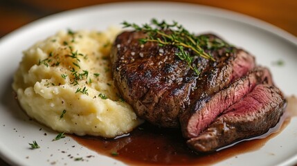 Poster - gourmet food presentation, a delectable dish of herb-infused meat accompanied by creamy mashed potatoes, a feast that epitomizes gastronomic delight