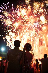 Wall Mural - Joyful Indian Wedding Celebration with Spectacular Fireworks Display and Traditional Attire