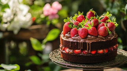 chocolate cake with strawberry on the table in the romantic garden with white and rose flowers ::1 photoshoot, warm,