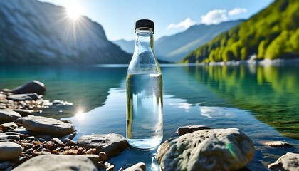 Wall Mural - Refreshing glass bottle of water nestled on rocky lakeshore with clear lake and majestic mountains under bright daylight