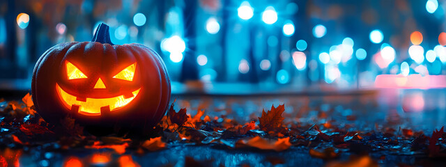 Wall Mural - Halloween pumpkin with a glowing face on a dark background, a night scene with autumn leaves and blurred street lights in the city