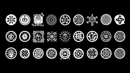 Set of abstract circular icons with cultural and symbolic designs on black background.