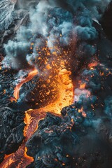 Poster - Aerial view of a volcanic lava flowing into the ocean, with waves crashing against the shore