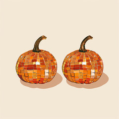 Poster - Two golden pumpkins with a shiny surface. The image has a disco vibe. The two pumpkins are placed next to each other, and they are the main focus of the image