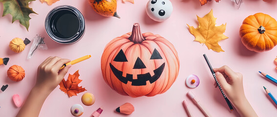 Wall Mural -  Photograph of a flat lay with hands drawing Halloween decorations on a pink background, with copy space for creative design and advertising