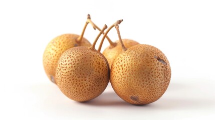 Poster - Three longan fruits sit on a white surface, showcasing their unique shape and color