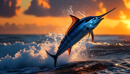 Majestic marlin soaring above waves in a dramatic sunset, vibrant colors illuminating splashes and dynamic motion from a low-angle perspective