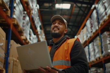 Wall Mural - A person wearing an orange vest and holding a laptop