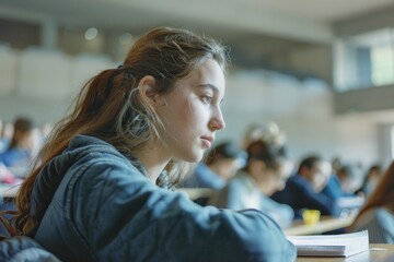 Canvas Print - Woman sitting at a table with a laptop, focused on her work