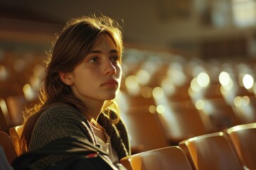 Poster - A woman sits in a chair in a dimly lit auditorium, possibly waiting for a performance or event