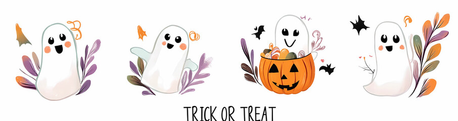 Wall Mural - Set of cute Halloween posters, cards and banners with ghost characters and pumpkin, candy bag design vector Illustration on white background