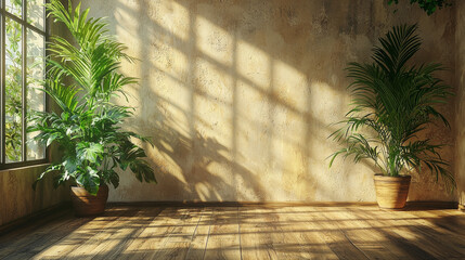 Wall Mural - Sunlight streams through a window casting shadows on a wall in a room with plants.