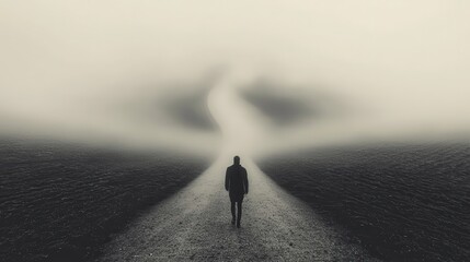Wall Mural - action conquers fear: a person walking through a fog of swirling shadows and fears, but as they walk