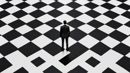 Wall Mural - adapting to market change: a business figure standing on a shifting, abstract chessboard, each squar